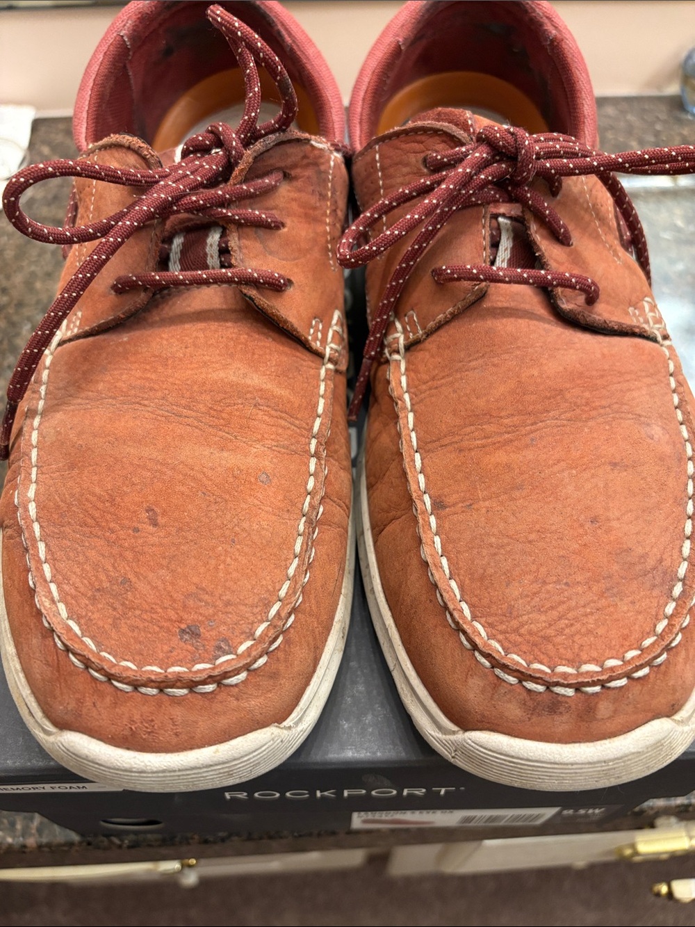 Rockport Men's Boat Shoes in Rust with Maroon Laces